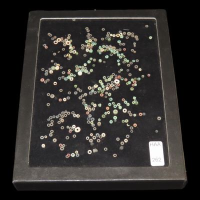 Sale Photo Thumbnail #262: Incredible Frame of Mimbres / Hohokam Beads, Stone, Turquoise, & Shell. About 250 beads!