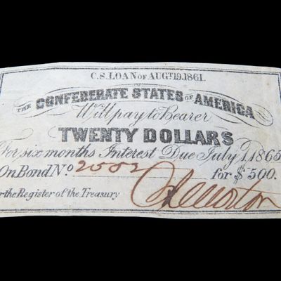 Sale Photo Thumbnail #700: Civil War Confederate States $20 Bond Note, Dated August 19th, 1861. Original Hand Signed Document from the Time Period. Great Piece of American History