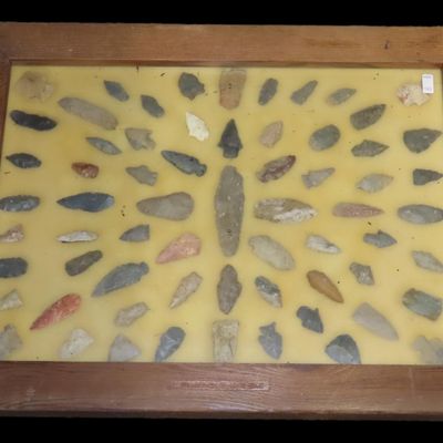 Sale Photo Thumbnail #153: 24" x 18" Frame full of Arrowheads found in Wayne & Hardin County Tennessee by Boyd Cole. Indian Artifact Collection, Knife, Blade, Spear.