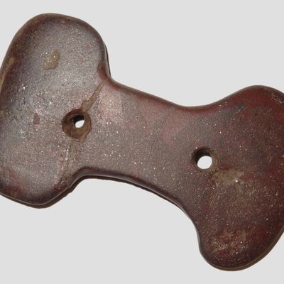 Sale Photo Thumbnail #22: Amazing 2 7/8" Constricted Center Gorget found in Hardin County Tennessee. Made from a well polished Red & Purple Hematite or Ironstone. Broken and glued tightle at one hole.