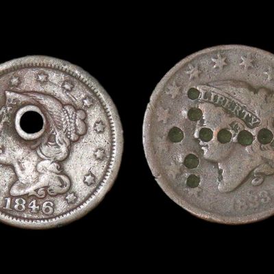 Sale Photo Thumbnail #938: Pair of U.S. Large Cents, 1846 & 1833. Two different styles of early coinage, both with some damage.