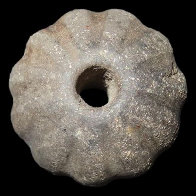 Sale Photo Thumbnail #357: Engraved Pre-Columbian Gourd / Pumpkin Effigy Clay Bead, Nicely Deigned Example. Mexico.