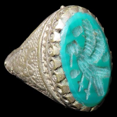 Sale Photo Thumbnail #689: Nice Roman Viking Engraved Intaglio Seal Ring, Bronze with Stone Intaglio Inset.