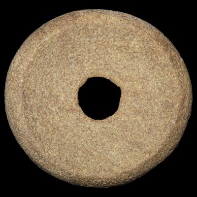 Sale Photo Thumbnail #19: Nice 2" Perforated Cahokia Discoidal, Madison Co. Illinois. Motley COA. Made from a tan Quartzite. Deeply cupped on both sides.