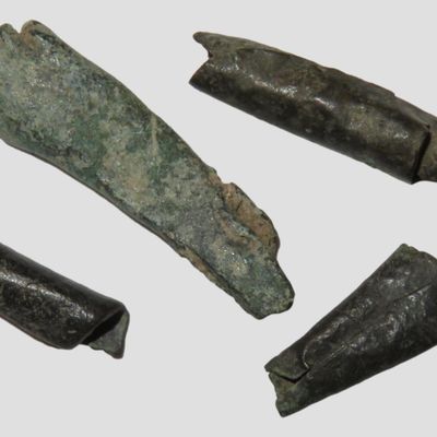 Sale Photo Thumbnail #270: Set of 4 Copper Beads found in Southern Illinois. 3 Tube beads and one Conical Tinkler Bead.