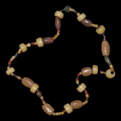 Sale Photo Thumbnail #355: Amazing Pre-Columbian Stone & Quartz Beaded Necklace from Columbian. Tairona Culture. Colorful array of beads.