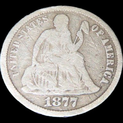 Sale Photo Thumbnail #755: 1877-CC Seated Liberty Silver Dime, Carson City Mint, Very Hard to find these early CC coins, United States Currency