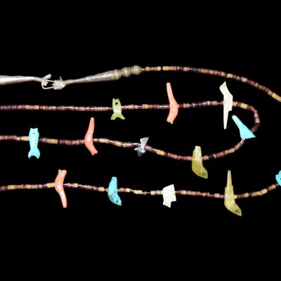 Sale Photo Thumbnail #459: Amazing 31" Long Zuni Ainimal Fetish Beaded Necklace with Intricately Carved Animals including Birds, Fish, Bear, etc. Beautiful Example