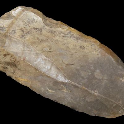 Sale Photo Thumbnail #202: Incredible 3 1/2" Paleo Knife found in Wayne County Tennessee. Semi-Unifaced example with nicely flaked edges and heavy use wear. No Brainer Patina.