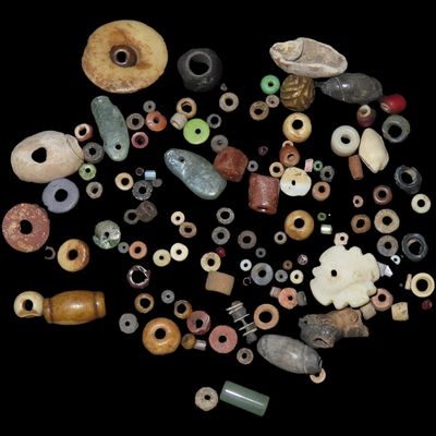 Sale Photo Thumbnail #313: Nice Large Group Lot of Pre-Columbian Beads from Mexico. Including Stone, Shell, Jade, Copper, & Bone. Lots of Variety!