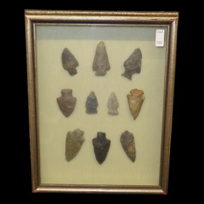 Sale Photo Thumbnail #295: 9 1/2" x 12" Frame of Arrowheads found in Wayne Co., Ohio by Wayne Collier. Dovetail, Hopewell, Ashtabula, Robbins Adena, Lost Lake, etc. Nice group!