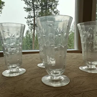 Cut-Glass Geometric Footed Tumblers (Set of ~4)