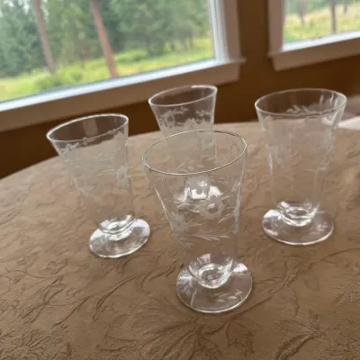 Etched Floral Footed Juice Glasses (Set of ~4)