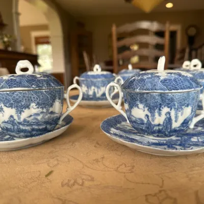 Japanese Blue & White Lidded Bouillon Cup & Saucer Service