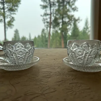 Pressed-Glass Hobstar Punch Cups and plates (~2)