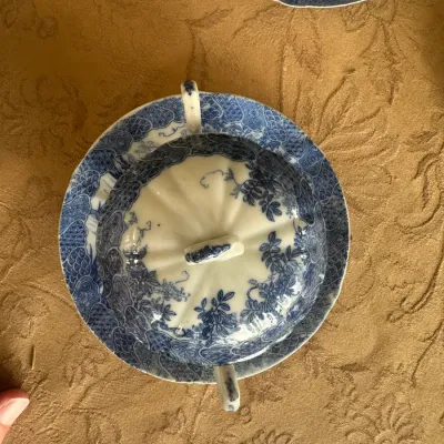 Japanese Blue & White Lidded Bouillon Cup & Saucer Service