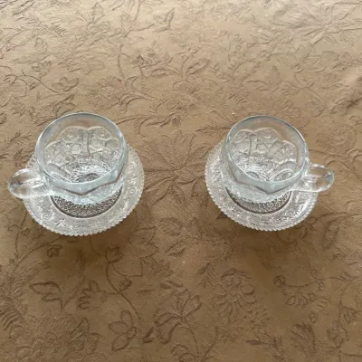 Pressed-Glass Hobstar Punch Cups and plates (~2)
