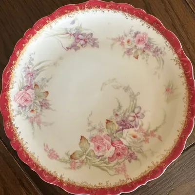Elite Limoges Raspberry-Border Floral Plates (Set of ~6)