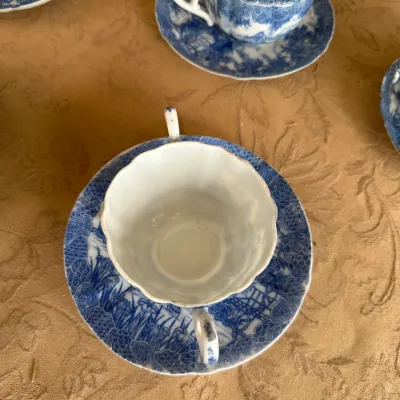 Japanese Blue & White Lidded Bouillon Cup & Saucer Service