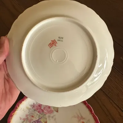 Elite Limoges Raspberry-Border Floral Plates (Set of ~6)