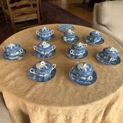 Japanese Blue & White Lidded Bouillon Cup & Saucer Service