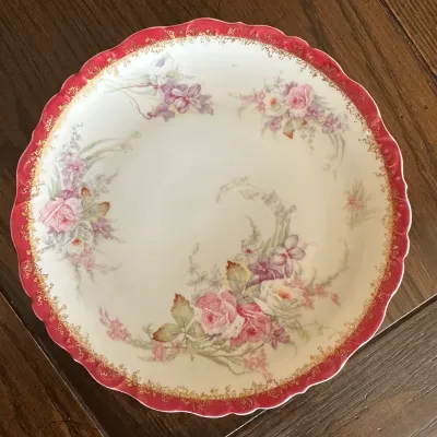 Elite Limoges Raspberry-Border Floral Plates (Set of ~6)