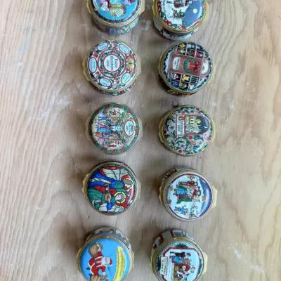 Enamel Christmas box collection (~20, Halcyon Days)