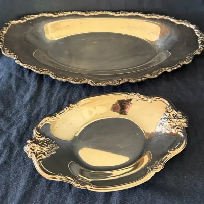 Vintage Pair of Ornate Silver-Plated Oval Serving Trays – Floral Borders