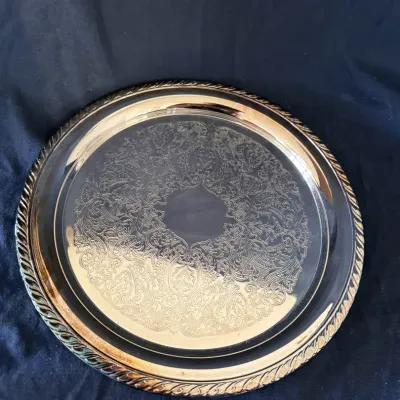 Vintage Oneida Deluxe Silver-Plated 12” Round Serving Tray – Ornate Engraving