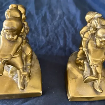 Pair of Vintage-Style Bronze-Tone Children Playing Tug-of-War Bookends
