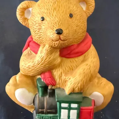 Vintage Christmas Teddy Bear with Toy Train Figurine – Red Scarf Holiday Décor