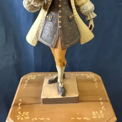 Vintage Reuge “18th Century Drawing Room” Wooden Music Box with Gentleman & Rose Figurine