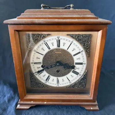 Vintage German Hermle Triple-Chime Wooden Mantel Clock with Key
