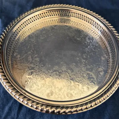 Vintage Silver-Plated 10” Round Gallery Tray – Engraved Floral Design