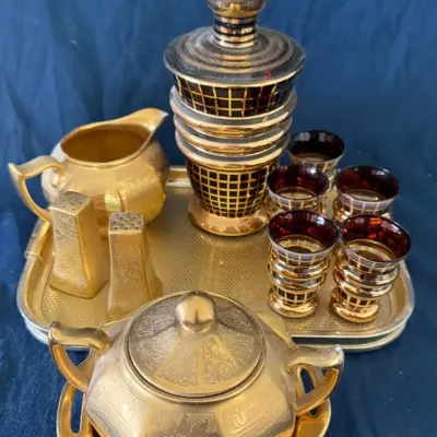Vintage German Gold-Gilt Porcelain Decanter & Serving Set with Ruby Cups