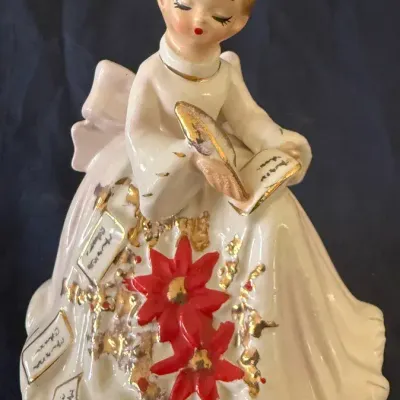 Vintage Christmas Angel Reading Letters Ceramic Music Box – Poinsettia Décor
