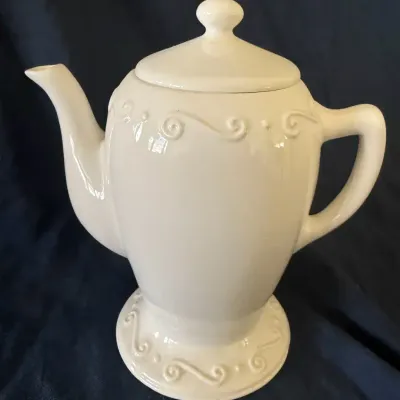 PartyLite White Ceramic Teapot Wax Warmer – Embossed Scrollwork with Lid