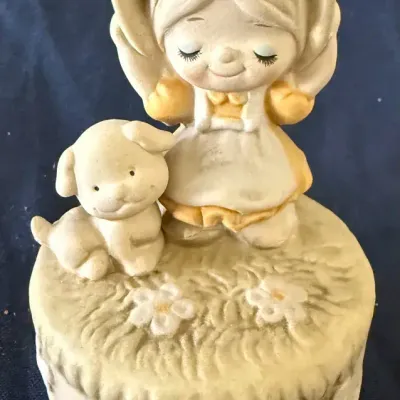 Vintage “April Love” Girl with Puppy Bisque Porcelain Music Box