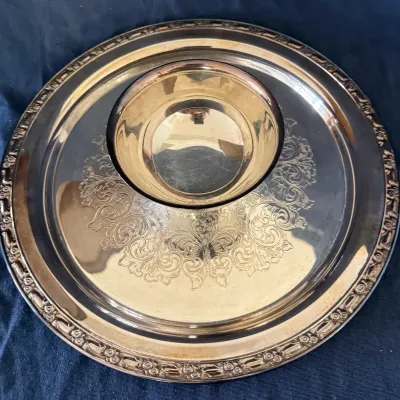Vintage Silver-Plated Chip & Dip Tray with Attached Center Bowl – 12”