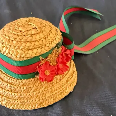 Vintage Miniature Woven Straw Hat Music Box with Red Flowers & Ribbon