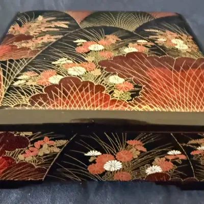 Vintage Japanese Black Lacquerware Floral Box – Red Interior