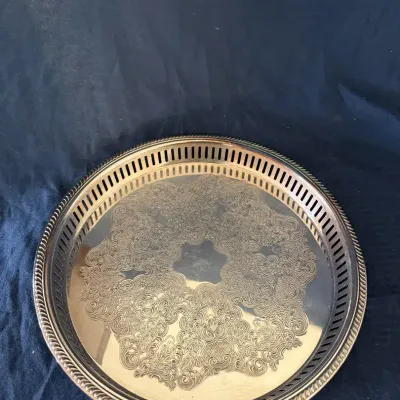 Vintage Silver-Plated 12” Round Gallery Tray – Ornate Engraved Design