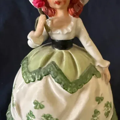 Vintage Irish Lass Ceramic Figurine – Shamrock Dress, Red Hair & Rose