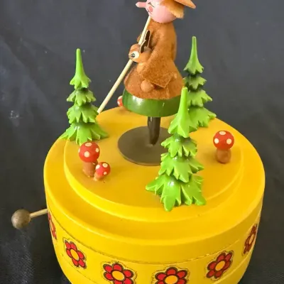 Vintage Reuge Wooden Hunter in Forest Music Box – “Puppet on a String”