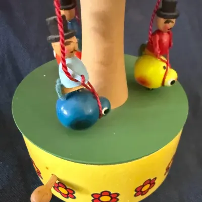 Vintage Reuge Wooden Mushroom Carousel Music Box – Children Riding Bugs