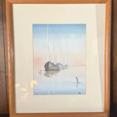Framed Coastal Harbor Print Signed "Madden"  Nautical Wall Art