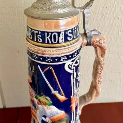 Large 2L Antique German Beer Stein with Pewter Lid