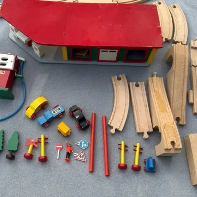 Vintage BRIO Made in Sweden Wooden Railway Train Set with Gas Station & Accessories