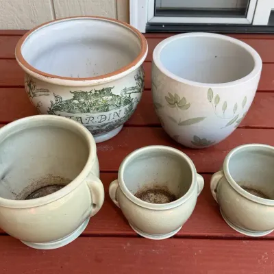 Lot Of 5 Glazed Ceramic Garden Planters – Celadon & Botanical