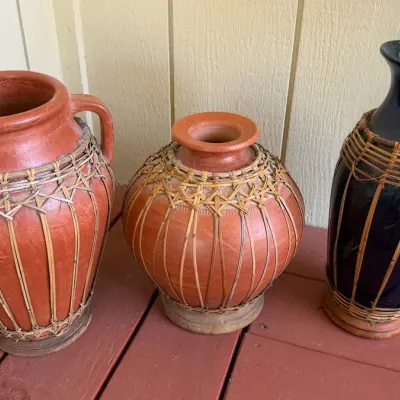 Trio of Woven Rattan-Wrapped Pottery Vases – Rustic Global Décor